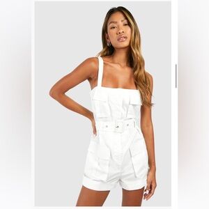 NWT BooHoo White Utility Cargo Playsuit Romper Jumpsuit Size 12
